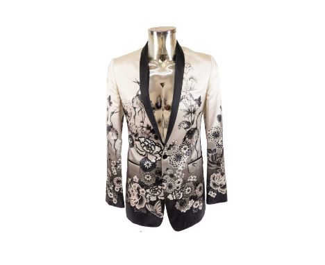 Circa 2008 Dolce &amp; Gabbana Black and White Silk Jacket decorated with chrysanthemums, prunus blossom, peacocks, black sil