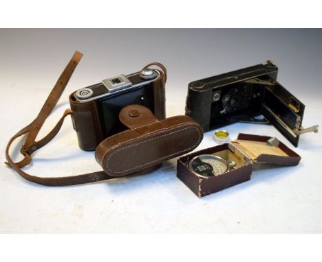 Cameras - Voigtlander Bessa 46 in a leather case, an Ensign folding camera and a vintage volt meter   Condition: 