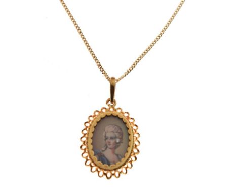 Yellow metal oval portrait pendant stamped 750, together with an 18ct gold curb-link fine chain, 6.4g gross approx (2)   Cond