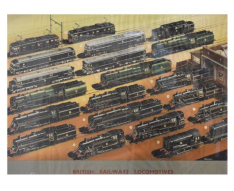 Vintage railway poster 'British Railways Locomotives' after A.N. Wolstenholme depicting 21 numbered trains, 81cm x 114.5cm, f