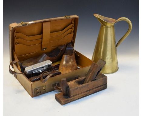 Miscellaneous items including; vintage carpenter's block plane, shoe trees, Voigtlander camera, brass jug etc   Condition: 
