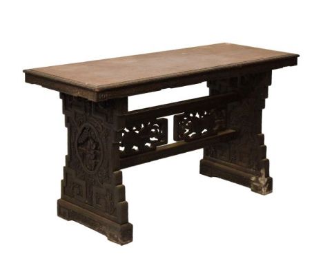 Early 20th Century Anglo-Chinese carved oak console table, the rectangular top having a carved edge, the end supports having 