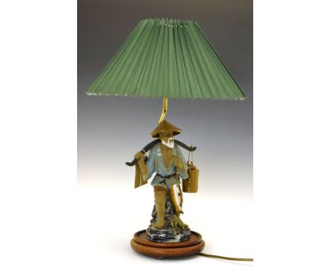 Japanese pottery figural table lamp modelled as a fisherman with catch, beneath a pleated shade   Condition: 