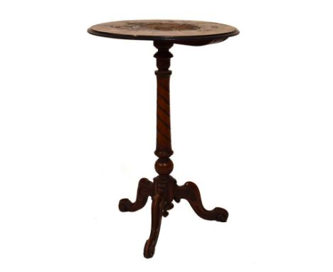 Victorian figured walnut and fruitwood tripod occasional table, the figured circular veneered and inlaid top on spirally-flut