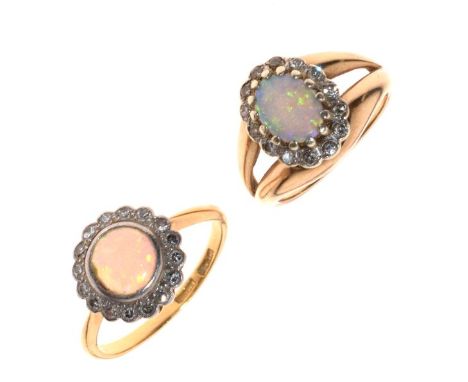 9ct gold, opal and diamond ring set central oval opal cabochon within fourteen small diamonds, size K, together with another 