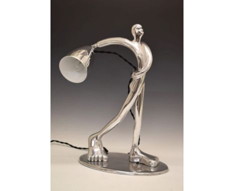 Modern Design - Carrol Boyes - Chromed metal figural table lamp modelled as a naked male figure with arm outstretched support