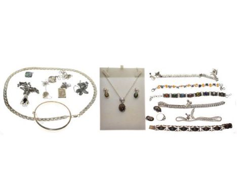 Assorted silver, white metal and other dress jewellery to include; Eastern niello bracelet, hinged hollow bangle, locket, ass