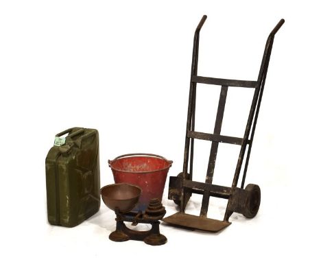 Vintage sack truck/barrow, together with an Ulgas petrol can, red-painted fire bucket, scales etc   Condition: 