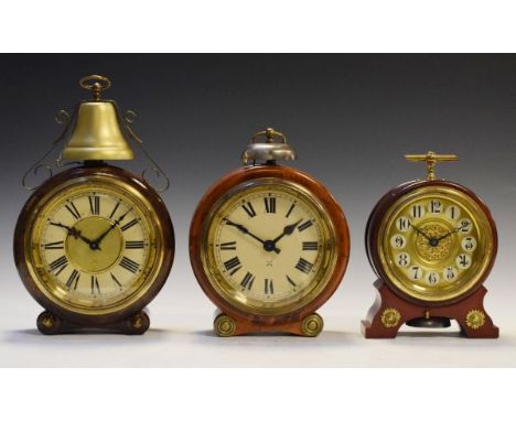 Three late 19th Century German beech cased alarm mantel clocks, each having a visible bell   Condition: 