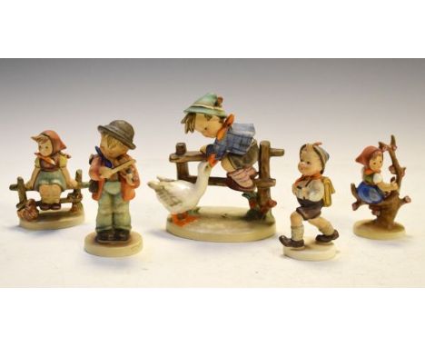 Five Goebel Hummel figures - Barnyard Hero, Little Fiddler, School Boy, Just Resting and Apple Tree Girl   Condition: 