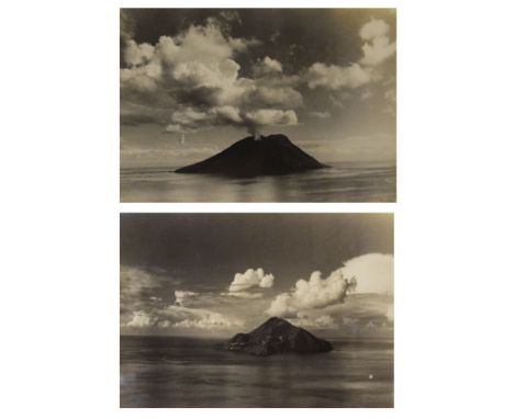 Two vintage monochrome photographs of the Italian volcanic island of Stromboli, each 25cm x 37cm, in gilt frame under glass (