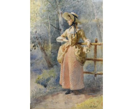 Cath. B. Gulley - Watercolour - Portrait of a lady, depicted full-length standing against a fence in a landscape, signed lowe