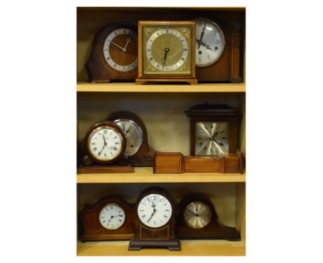 Ten assorted 20th Century mantel clocks to include; a miniature longcase clock case as a pocket watch holder, Elliott mantel 