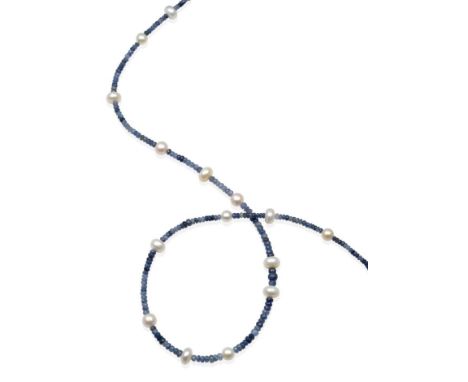 A Sapphire and Cultured Pearl Necklace, graduated faceted shaded sapphire beads spaced at intervals by round and button cultu