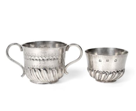 A Small Queen Anne Silver Porringer, John Gibbon (Jacksons p.157), London, probably 1705, twin scroll handles, spirally flute