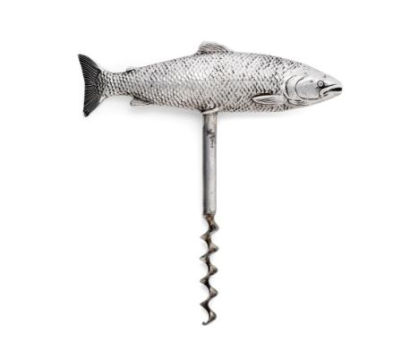 A George V Silver Novelty Salmon Corkscrew, Alfred Clark, London 1921, the handle naturalistically modelled as a swimming sal