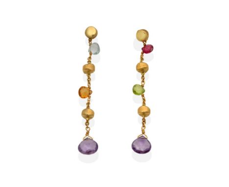 A Pair of 18 Carat Gold Multi-Gemstone Drop Earrings, a textured bead stud suspending a chain with aquamarine, ruby, citrine,