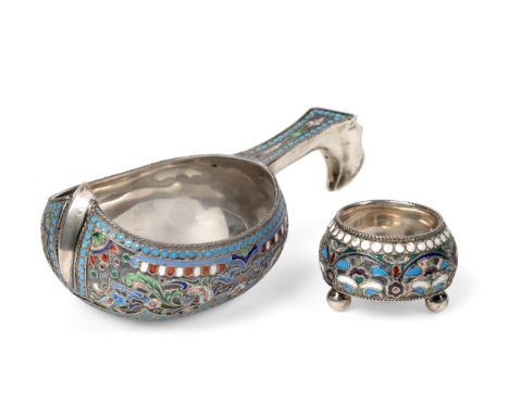 A Russian Silver and Cloisonne Enamel Kovsh, makers mark indistinct, Moscow combined standard and city mark, 1882-1899, of ty