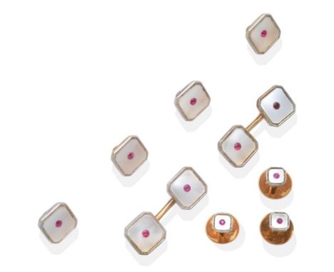 A 9 Carat Gold Mother-of-Pearl and Ruby Dress Set, by Deakin & Francis, comprising; a pair of bar linked double cufflinks, fo