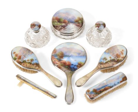 A Continental Silver and Enamel Dressing Table Set, English import marks for Docker & Burn, Birmingham 1928, each decorated w