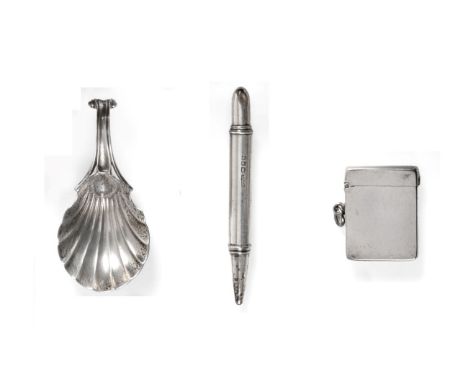A George III Silver Caddy Spoon, George Smith, late 18th Century, with shell bowl and scroll handle; An Asprey Silver Propell