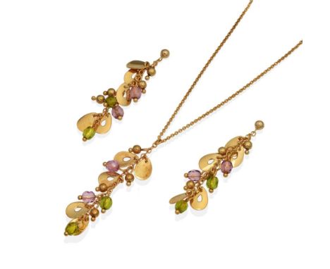 A 9 Carat Gold Amethyst and Peridot Necklace and Earring Suite, a tassel drop of faceted amethyst and peridot beads, gold bea