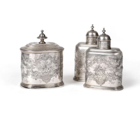 A Silver Tea Caddy Set, with cancelled 18th century marks and London Assay Office case numbers 9214,9215 and 9217, comprising