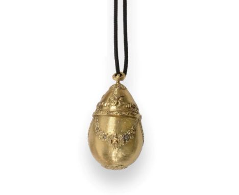A Gold and Diamond Egg Form Pendant, possibly French, 19th century, unmarked, tests as 20ct, decorated with trophies and foli
