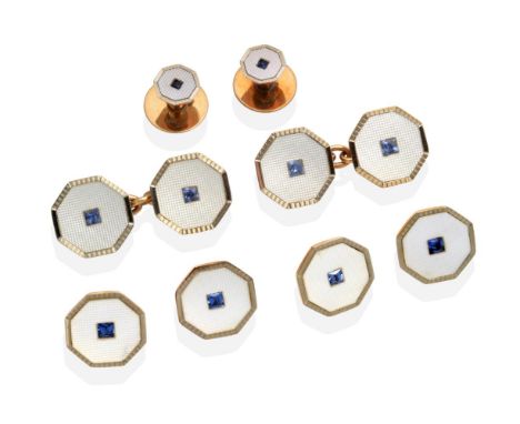 A Cased Mother-of-Pearl and Blue Paste Dress Set, comprising; a pair of chain linked cufflinks, four buttons and two studs, o