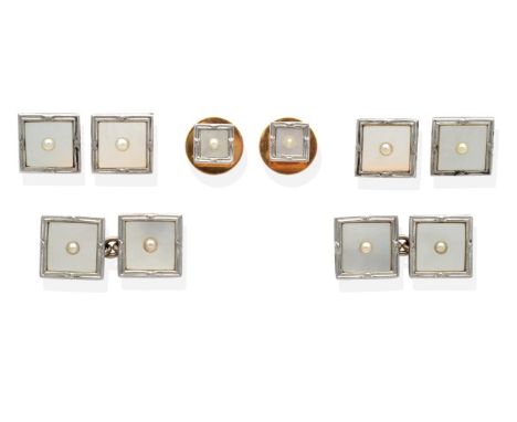 A Mother-of-Pearl and Pearl Dress Set, comprising; a pair of chain linked cufflinks, four buttons and two studs; square mothe