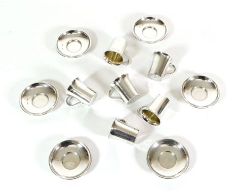 A Set of Six Edwardian Silver Small Cups and Saucers A & J Zimmerman, Birmingham 1906, plain with flared rim and simple scrol
