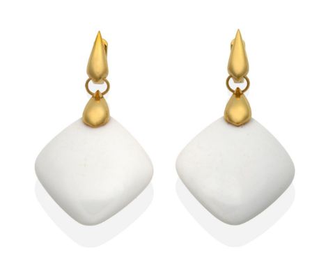 A Pair of White Marble Earrings, kite-shaped marble plaques, suspended from two graduated drop links, measure 5cm by 3cm, wit