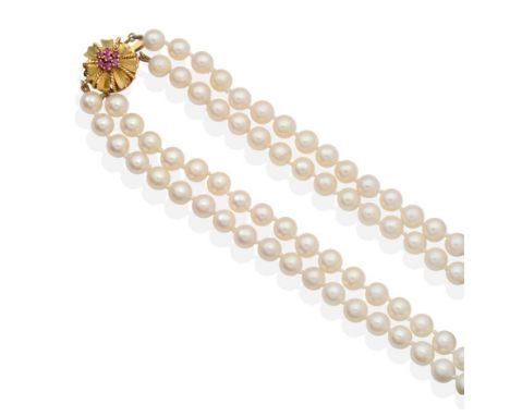 A Cultured Pearl Necklace, with a Ruby set Clasp, two strands of uniform cultured pearls knotted to a textured flower head cl