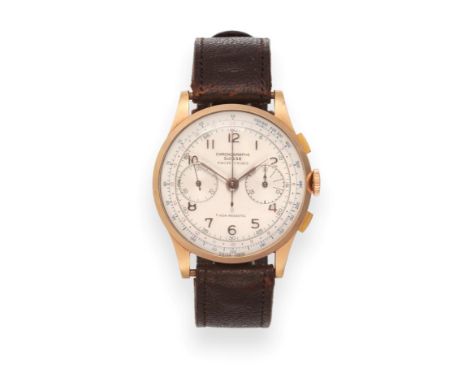 An 18ct Gold Chronograph Wristwatch, signed Chronographe Swiss, circa 1950, lever movement, silvered dial with Arabic numeral