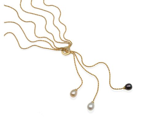 A Cultured Pearl Pendant Necklace, two white and one black cultured drop pearls suspended from rope chains and threaded throu