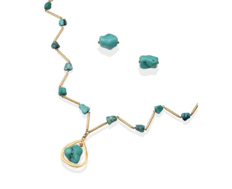 A Turquoise Necklace and Earring Suite, the necklace with a tumbled turquoise drop, in a pear-shaped frame, to a necklace of 