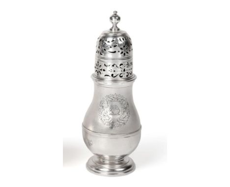 A Queen Anne Silver Caster, John Fawdery I, London 1710, baluster with plain girdle on domed foot, pierced pull off cover wit
