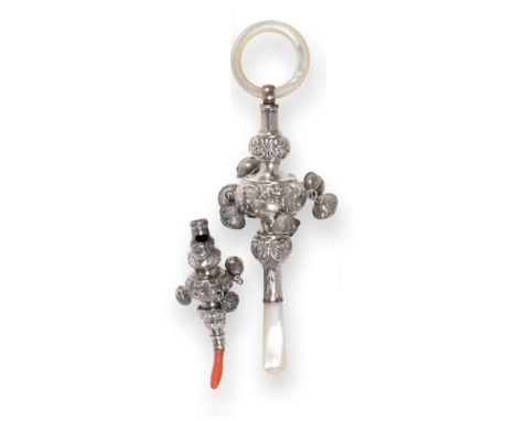 A Small Victorian Silver Rattle, Colen Hewer Cheshire, Birmingham 1890, with four bells, whistle and foliate decoration; and 
