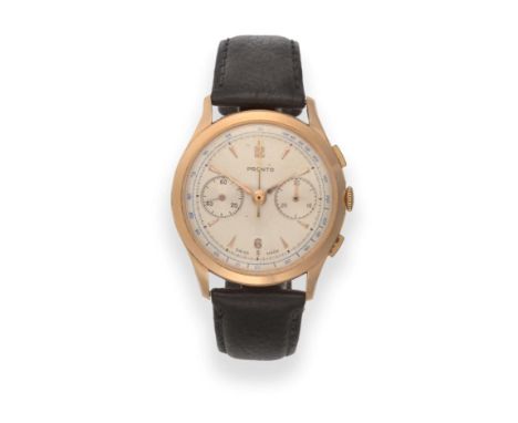 An 18ct Gold Chronograph Wristwatch, signed Pronto, circa 1950, lever movement, silvered dial with dagger markers, two dials 