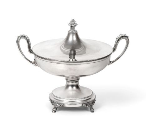 A Spanish Silver Twin Handled Pedestal Tureen and Cover, makers mark indistinct, .915 standard, 20th century, circular with b