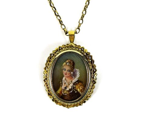 A gold pendant of unusual design, featuring a painted portrait of a lady in Elizabethan dress decorated with five small diamo