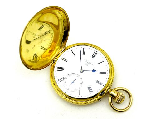 A Victorian 18ct gold cased full hunter pocket watch, by Joyce Murray, number 7125, keyless wind, the white enamel dial with 