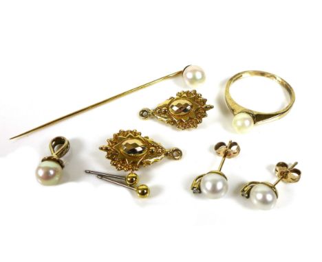 A group of 9ct gold and pearl jewellery, comprising a ring, size O, a pair of stud earrings, a stick pin, and a pendant, toge