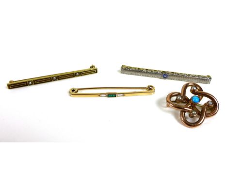 A group of gold brooches, comprising three 14ct gold bar brooches, one set with seed pearls, another other with platinum faci