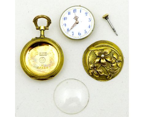 A Swiss Fin de Siecle 18K yellow gold lady's pocket watch, a/f damaged requiring repair, the detached case back cast with a d