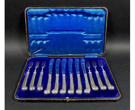 A set of six silver pistol handled dessert knives and forks, George Howson, Sheffield 1912, stainless steel blades and fork p