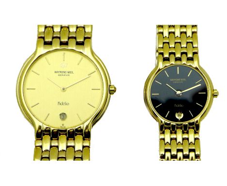 A pair of 'his and hers' Raymond Weil Fidelio gold plated wristwatches, a gentleman's with circular gold dial, model 4802, an