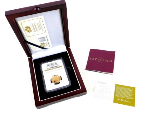 An Elizabeth II 2016 90th first strike gold proof James Butler portrait sovereign, with certificate numbered 186/500, and pre