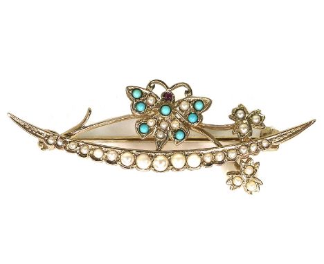A 9ct gold, pearl and turquoise brooch, formed as a butterfly on a crescent stem with flowers, the butterfly's wings and body