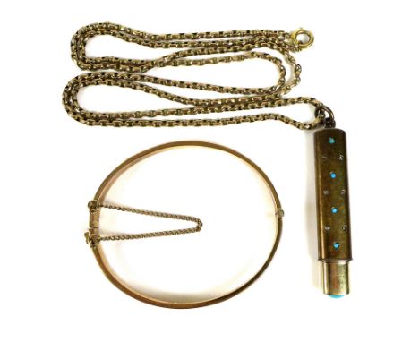 A gold pencil holder pendant set with turquoise and diamond chips, unmarked but tests as at least 14ct, 7.9g, on a 9ct gold c